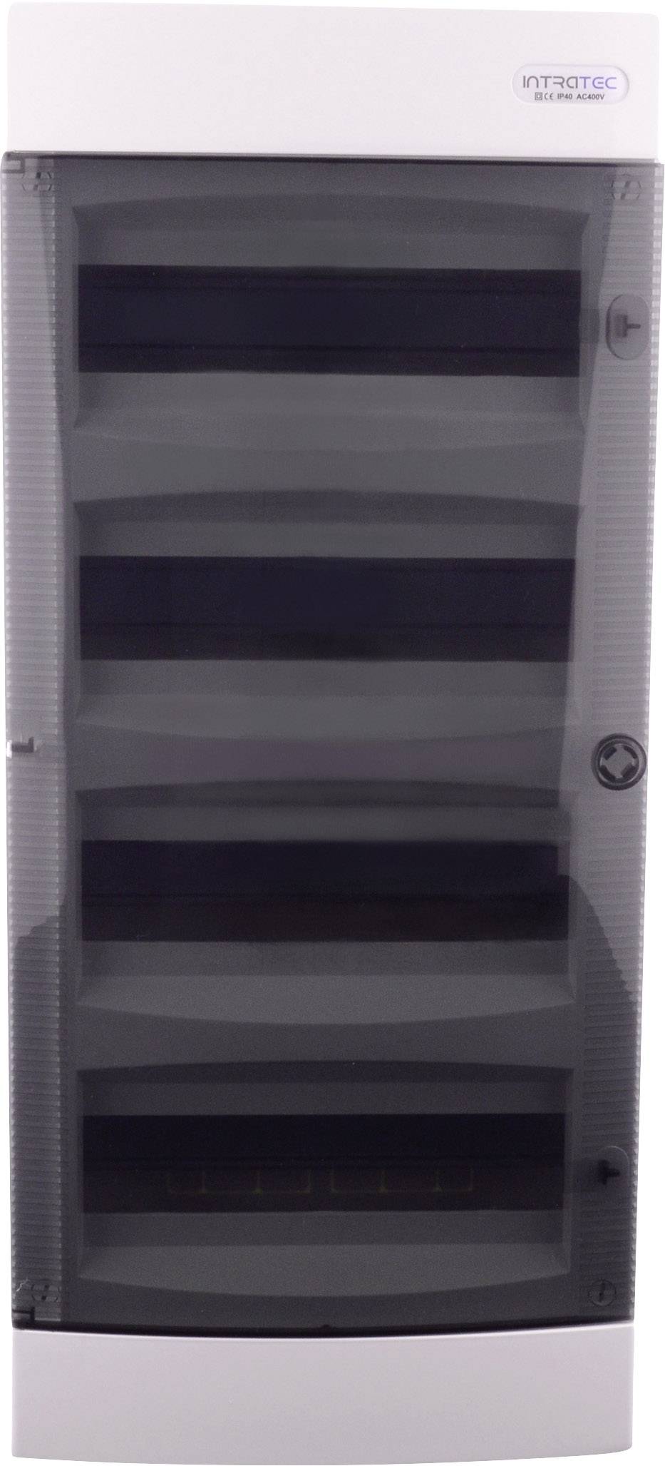 Elektryczny rozdzielnik elektryczny z częściowo przezroczystymi, zamkniętymi drzwiczkami. Logo marki w prawym górnym rogu.