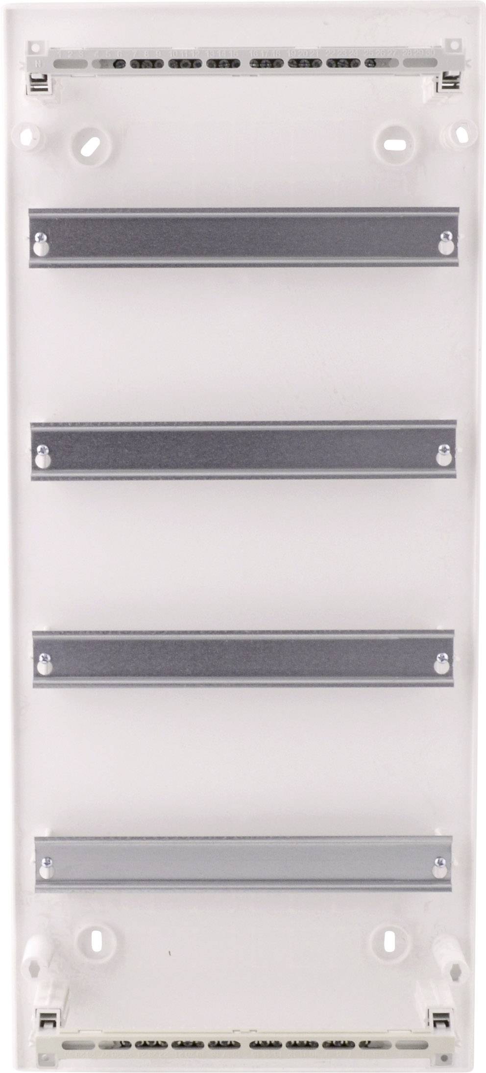 Płyta tylna z tworzywa sztucznego z czterema poziomymi, metalowymi szynami do mocowania elementów elektronicznych lub modułów.