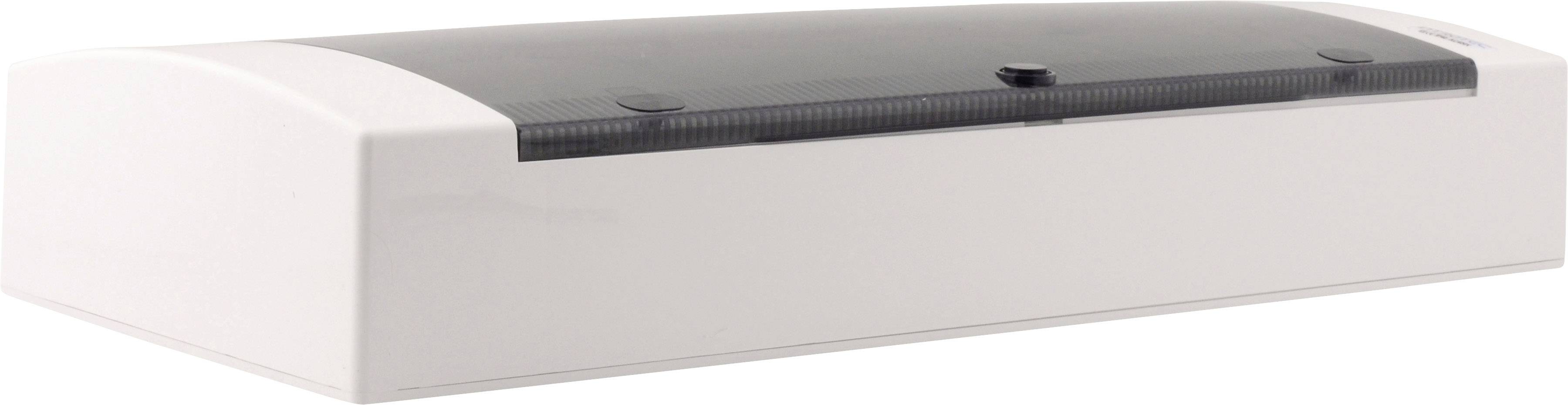 Biały, prostokątny skaner z czarną, zaokrągloną pokrywą.