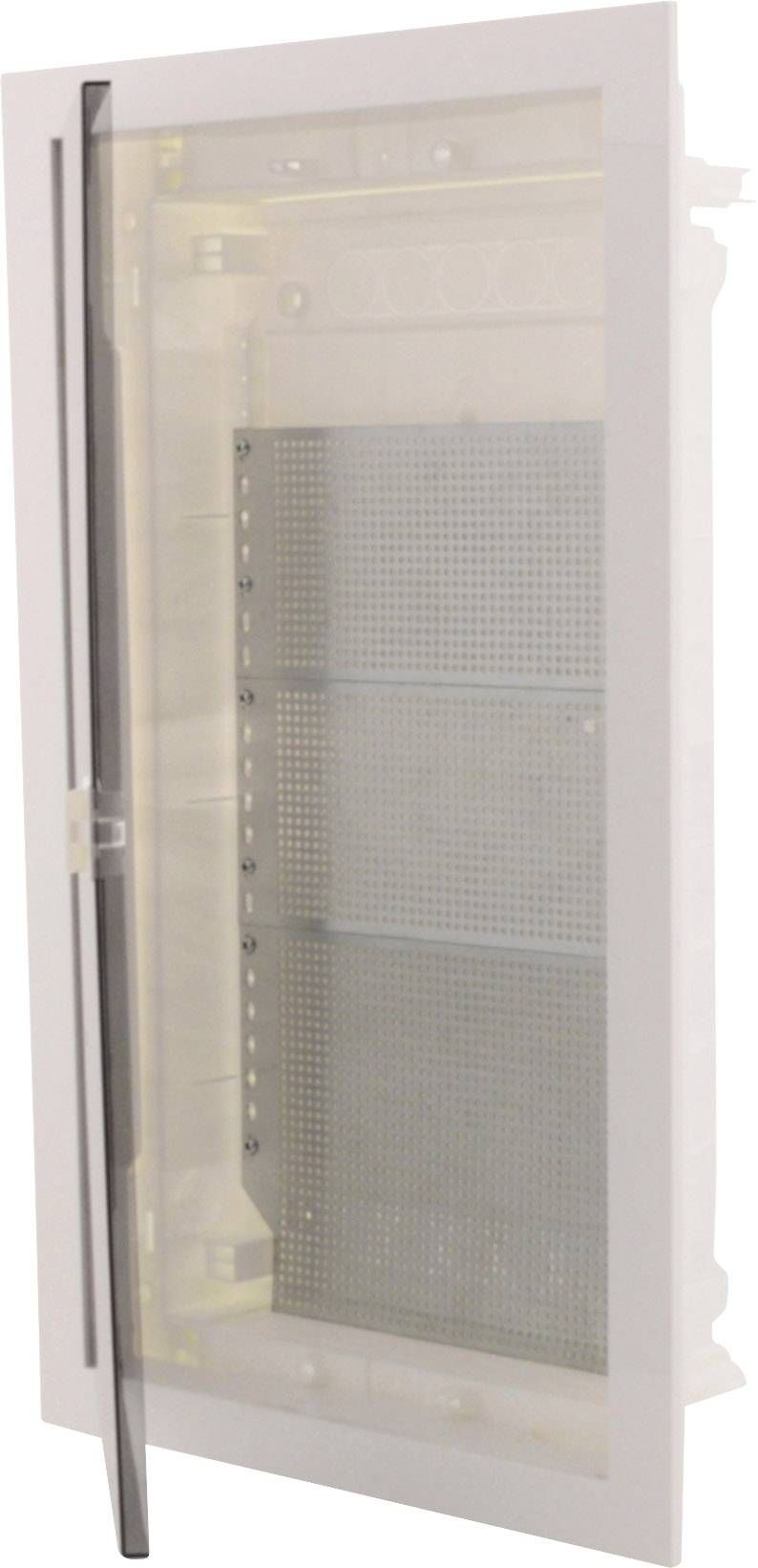 Przezroczyste drzwi szafy sterowniczej z białą ramą i mechanizmem zamykającym, odpowiednie do instalacji elektrycznych.