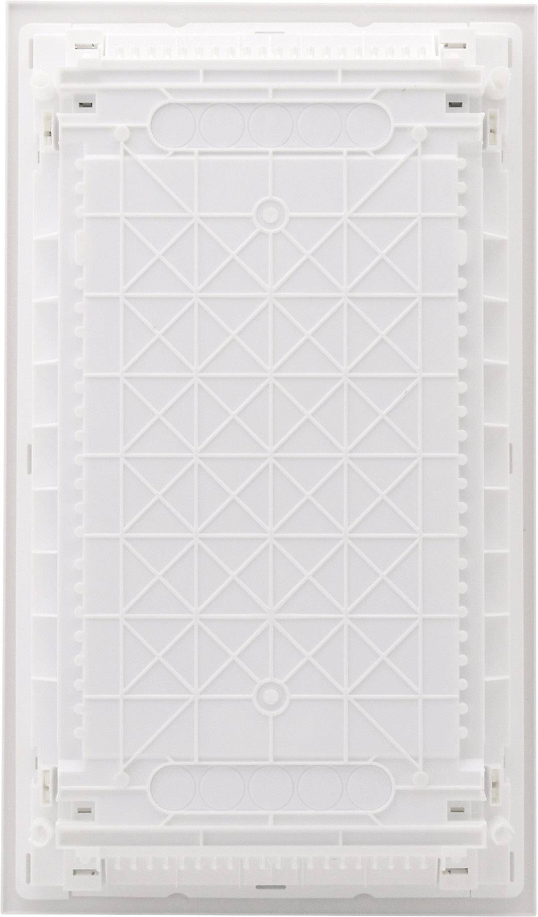 Prostokątna, biała, strukturalna rama z tworzywa sztucznego z diagonalnymi i krzyżowymi wzorami, prawdopodobnie przeznaczona do celów montażowych.