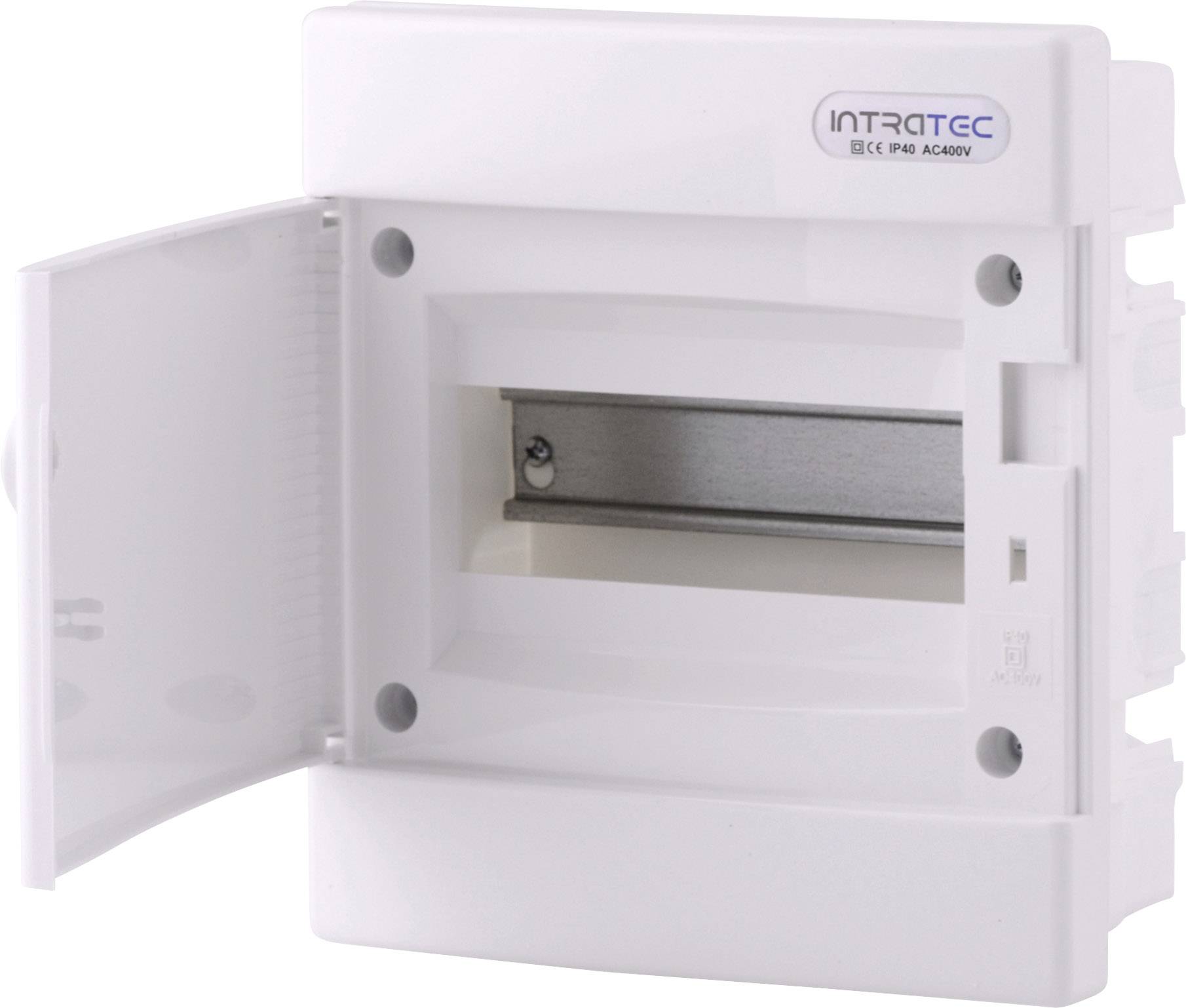 Biała plastikowa rozdzielnica elektryczna z otwieraną przednią klapką, odpowiednia do montażu wewnętrznego. Widoczna szyna nośna do instalacji urządzeń.