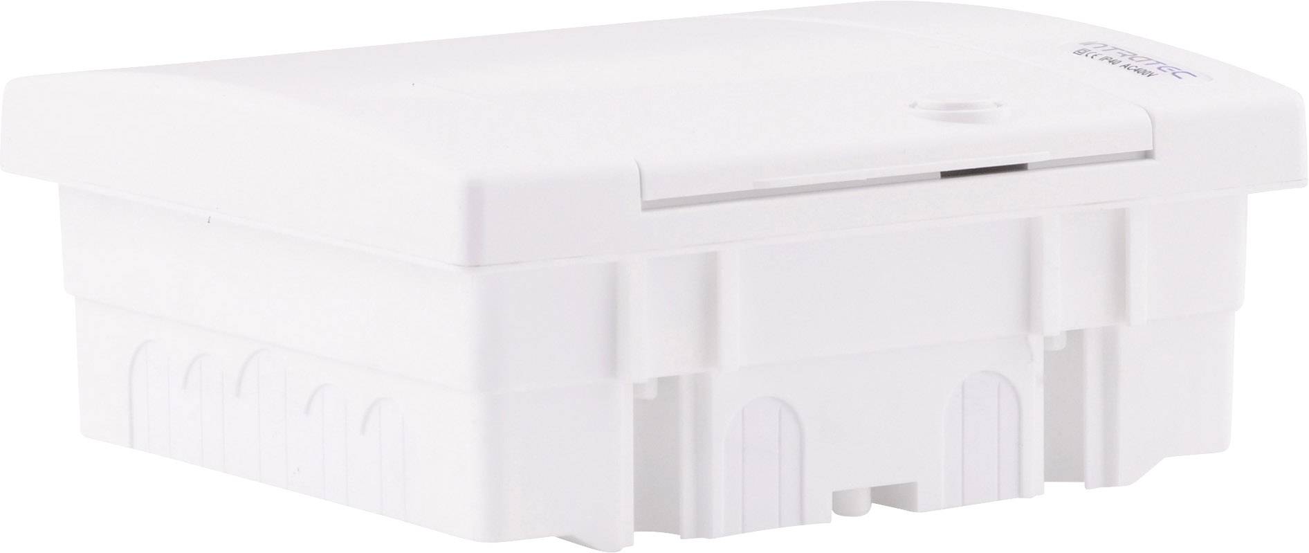 Biała plastikowa skrzynka z pokrywką, prawdopodobnie przeznaczona do przechowywania elementów elektronicznych.