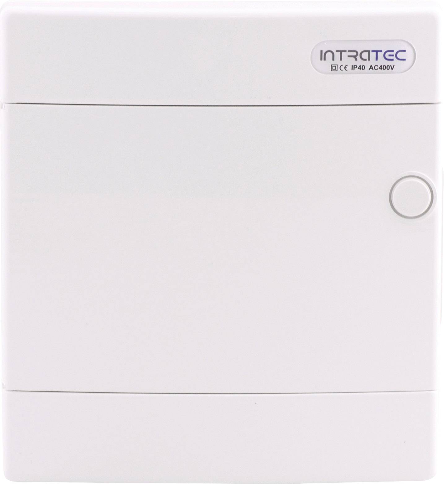 Białe elektryczne pudełko sterownicze z zaokrąglonymi krawędziami, małym okrągłym przyciskiem po prawej stronie i logo 'INTRATEC'.