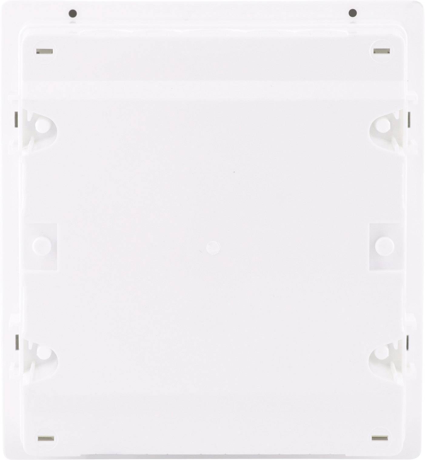 Biała, kwadratowa płyta z tworzywa sztucznego z otworami montażowymi w narożnikach, odpowiednia do zamocowania na ścianie.