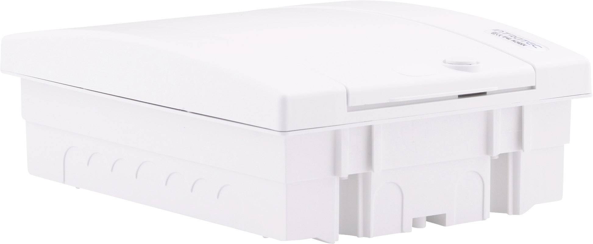 Biała, prostokątna obudowa elektryczna do zastosowań zewnętrznych, używana do bezpiecznego przechowywania elementów elektrycznych.