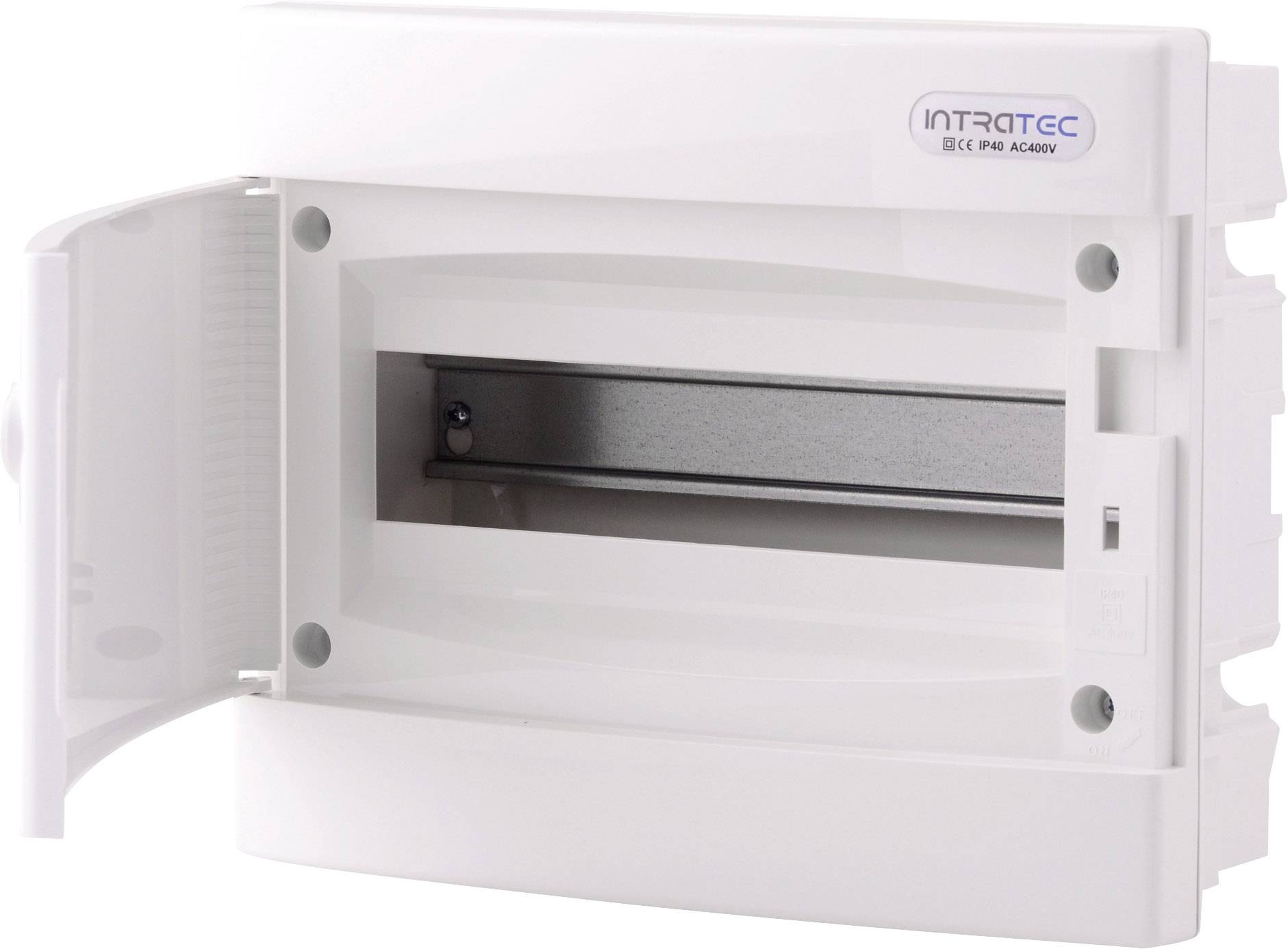 Biała skrzynka bezpiecznikowa z otwartymi drzwiczkami, ukazująca pustą szynę do mocowania bezpieczników. Oznaczenie: 'Intratec'.