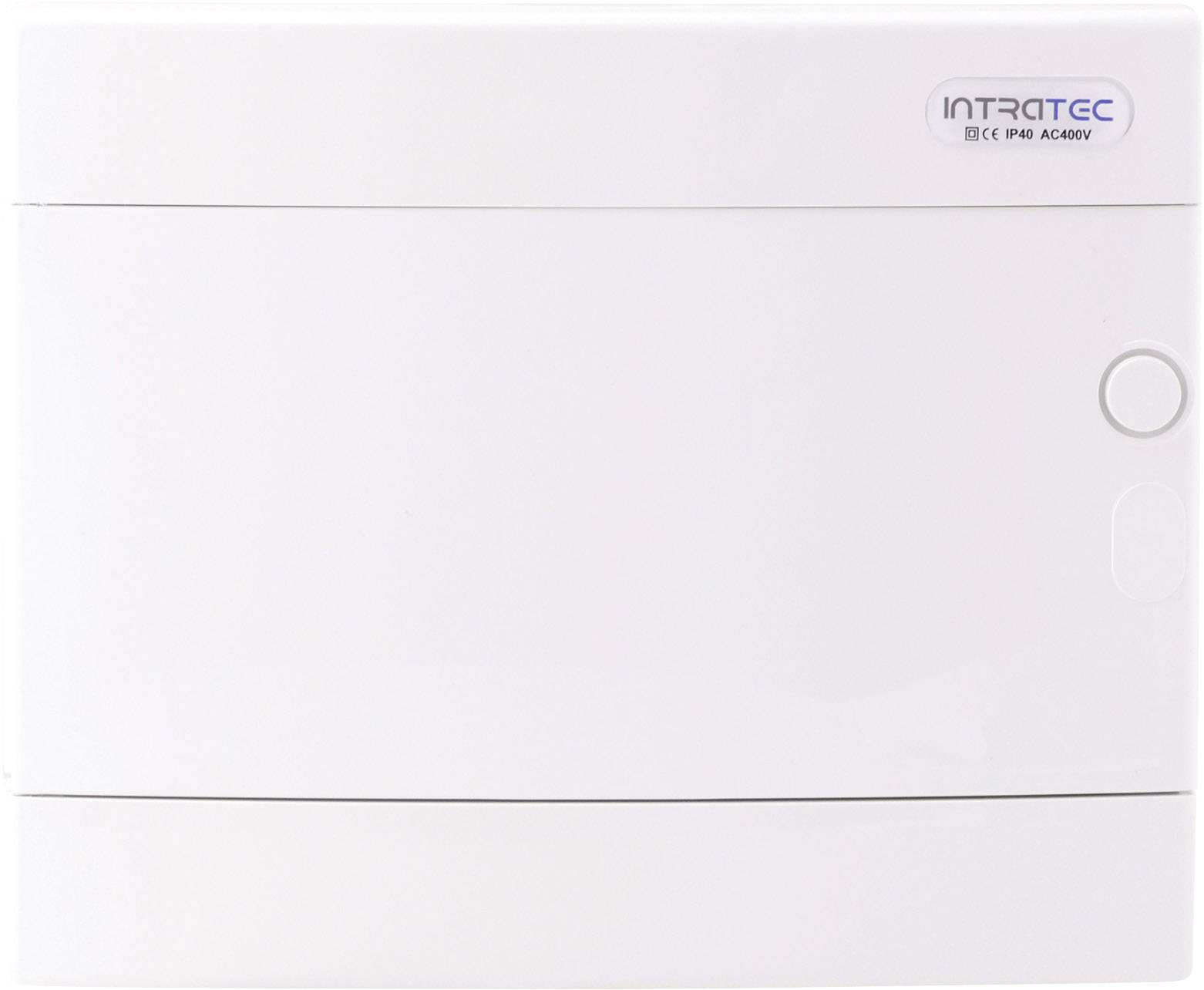 Białe elektryczne urządzenie sterujące z jednym przyciskiem i logo 'Intratec'.