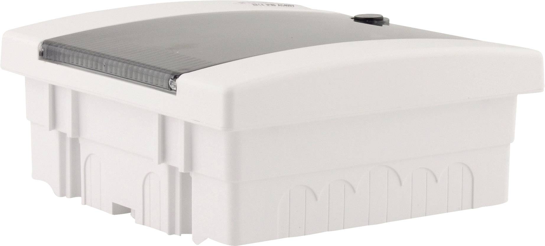 Białe, prostokątne obudowa z tworzywa sztucznego z przezroczystą, żebrowaną pokrywą oraz bocznym pokrętłem, odpowiednia do instalacji elektrycznej.