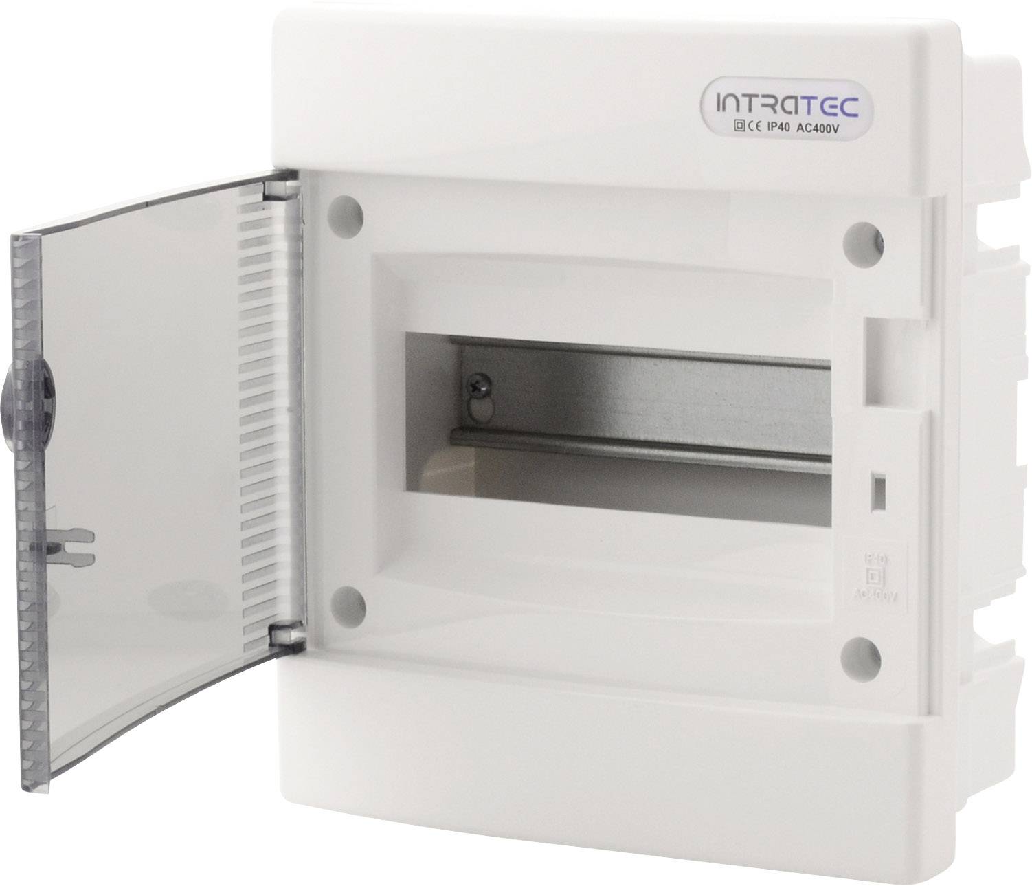 Biały elektryczny rozdzielnik z otwartymi, przezroczystymi drzwiczkami, zapewniający miejsce na kilka wyłączników nadprądowych.