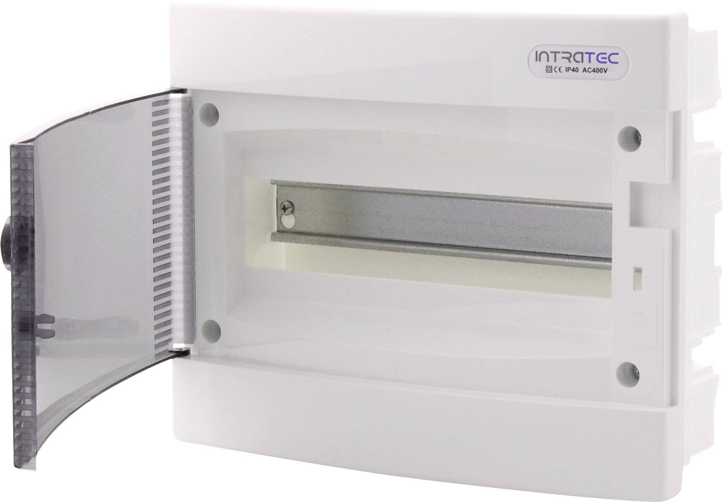 Obudowa z tworzywa sztucznego z przezroczystymi drzwiczkami i szynami montażowymi wewnątrz, stosowana do instalacji elektrycznych i zabezpieczania komponentów.