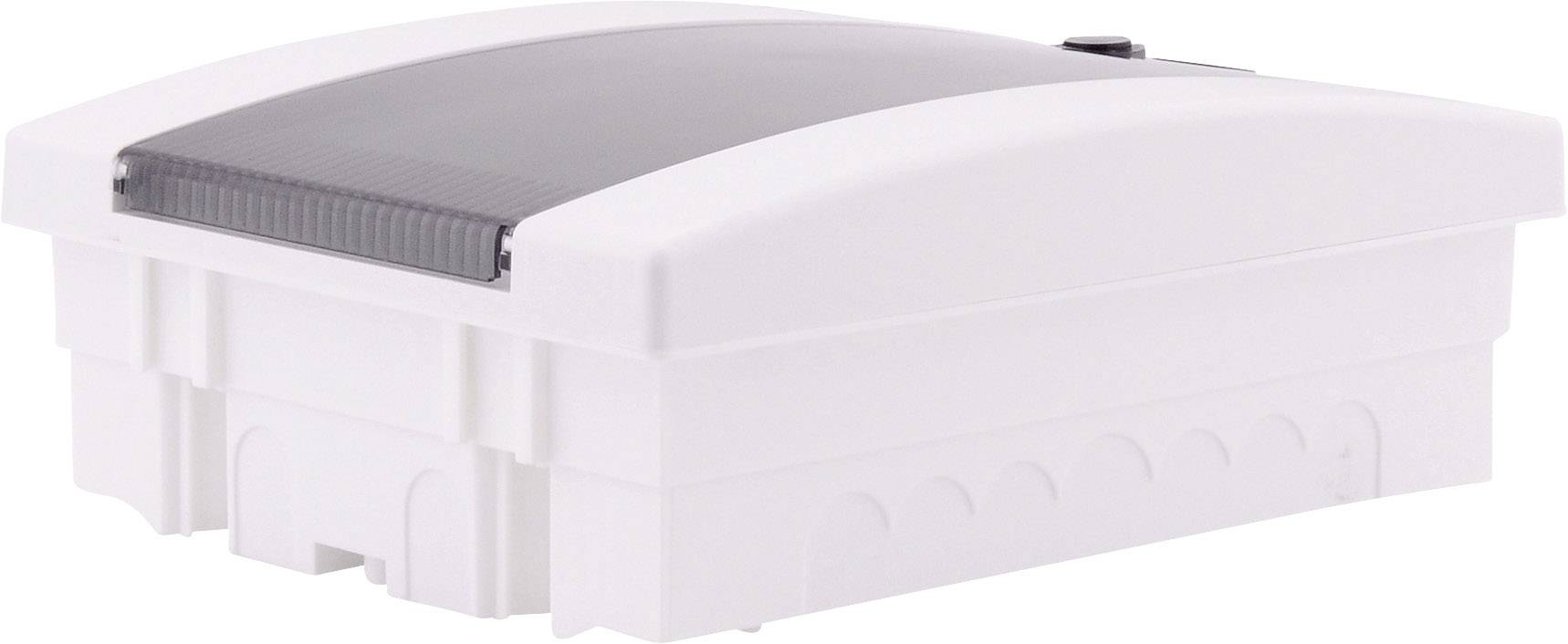 Biała plastikowa osłona z wypukłą górną powierzchnią i bocznym przełącznikiem. Nadaje się do umieszczania urządzeń elektronicznych.