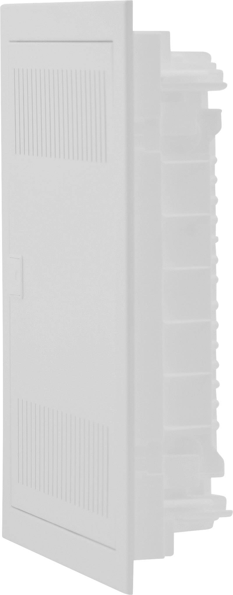 Elektryczne pole rozdzielcze w widoku bocznym, z wieloma gniazdami i zamkniętą pokrywą, nadające się do montażu ściennego.