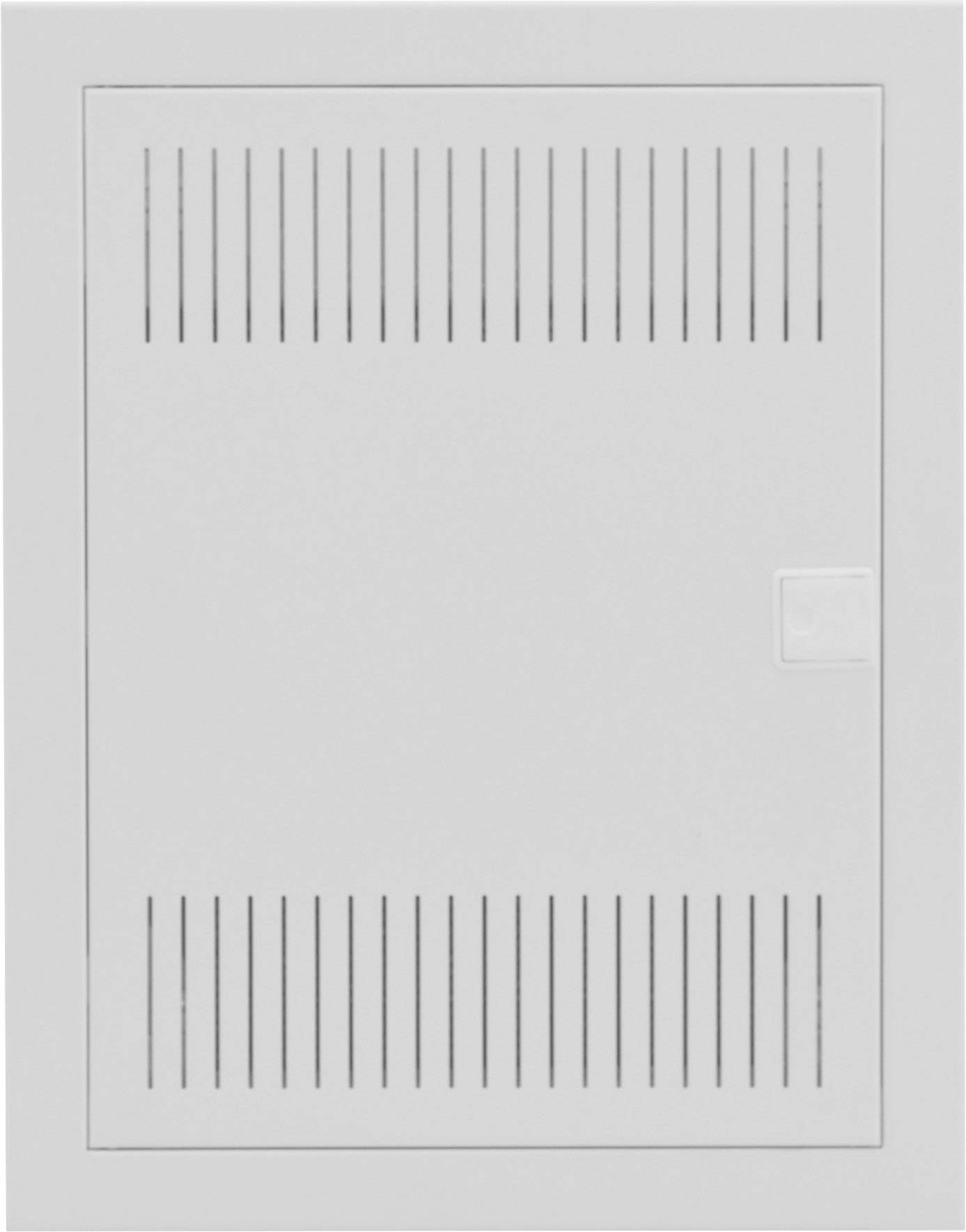 Biała, prostokątna osłona ścienna z równomiernymi szczelinami wentylacyjnymi i małym kwadratowym wgłębieniem do chwytania po prawej stronie.