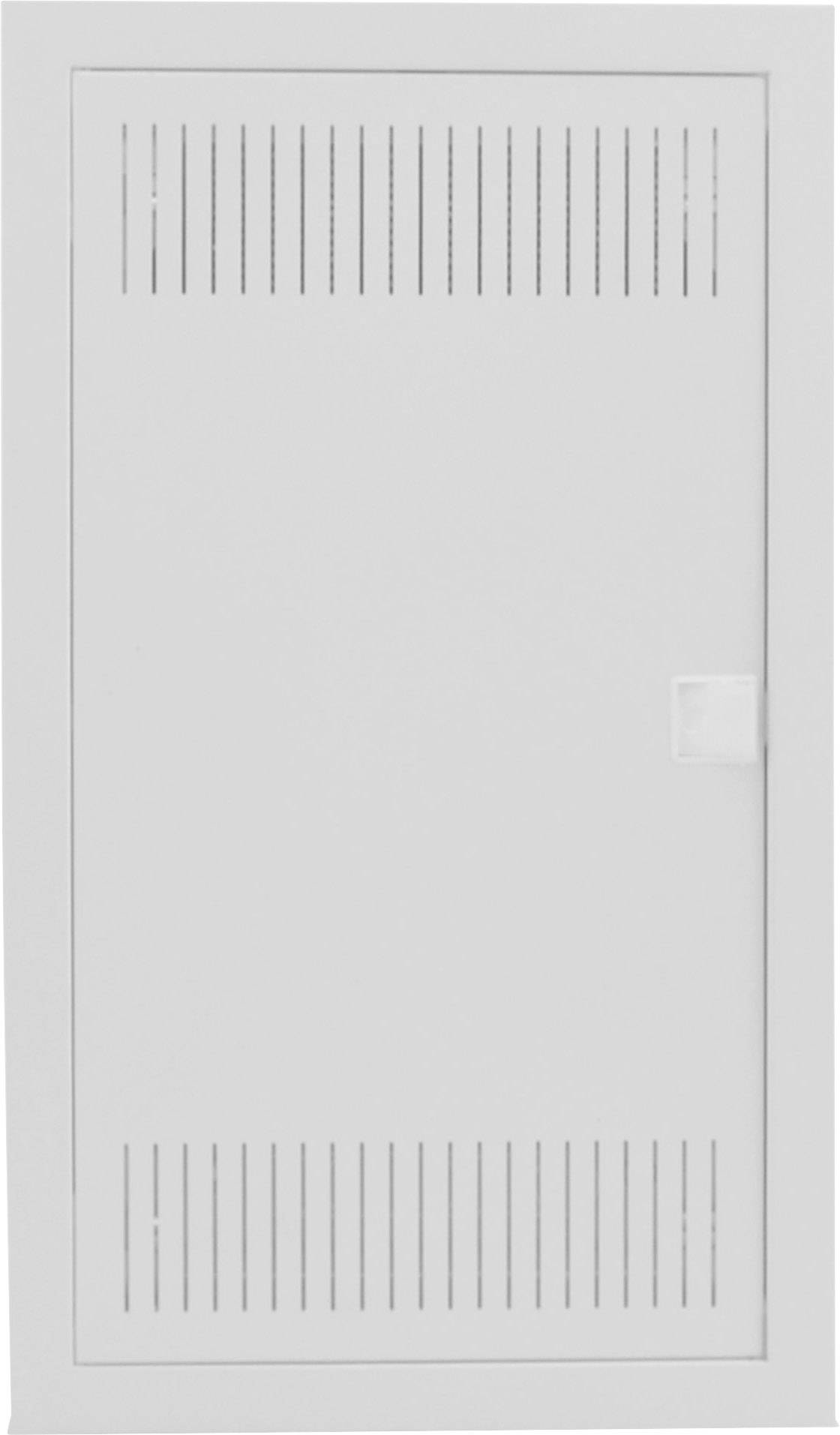 Prostokątna biała szafka metalowa z otworami wentylacyjnymi u góry i u dołu oraz małą klamką.