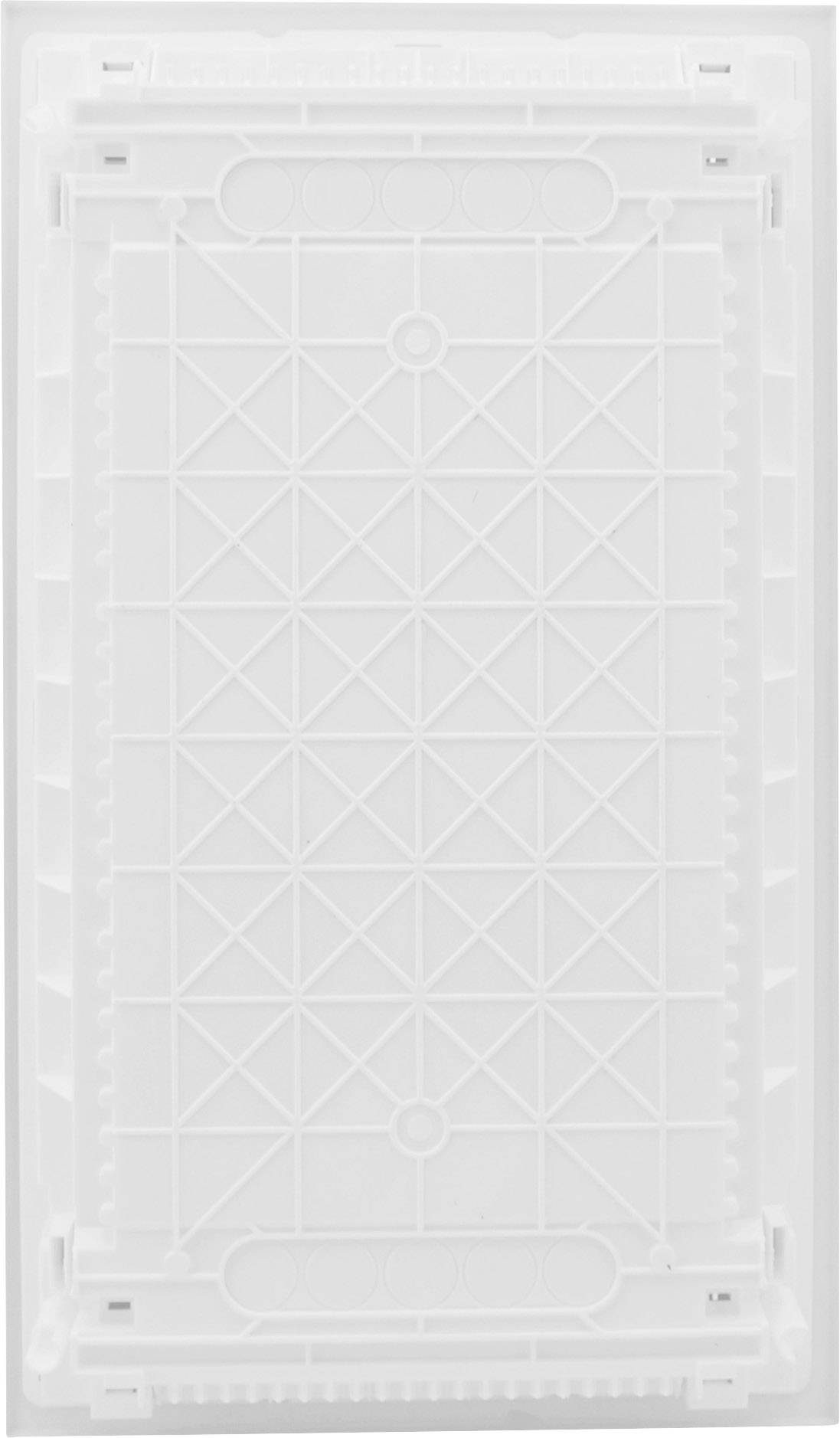 Pusty biały plastikowy dekiel z wzorem krzyżowym na powierzchni.