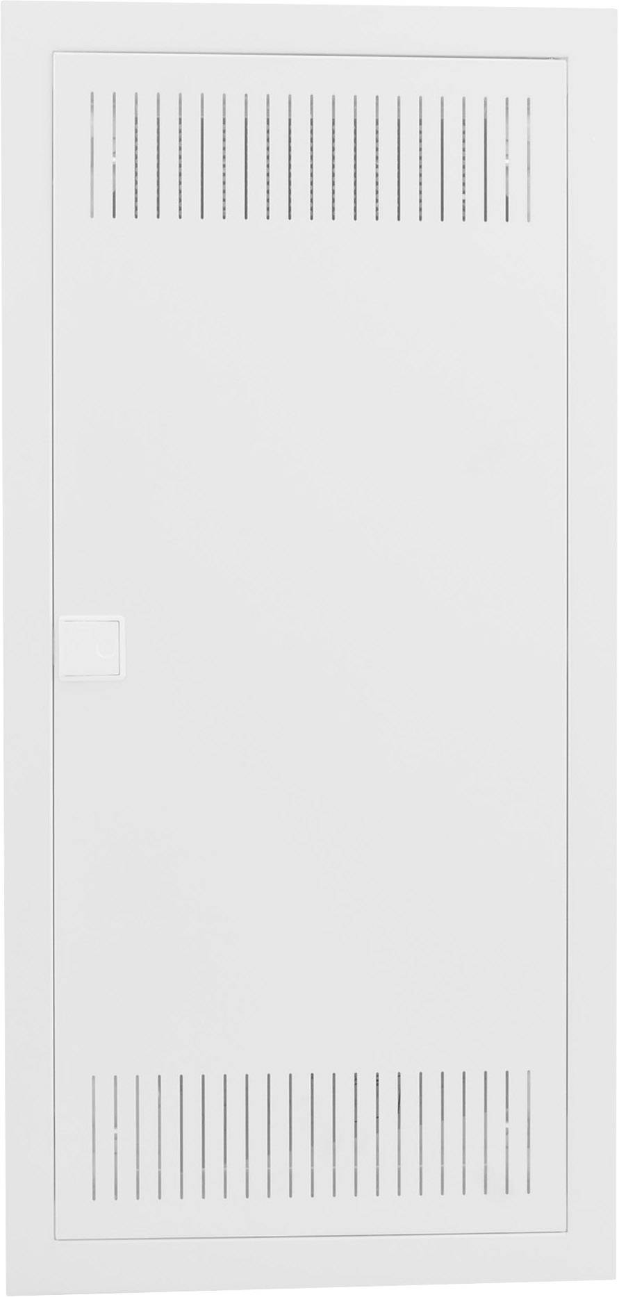 Białe drzwi z otworami wentylacyjnymi u góry i u dołu oraz kwadratową klamką pośrodku.