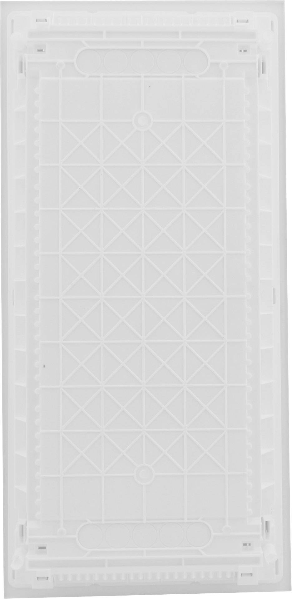 Prostokątna, biała tacka z tworzywa sztucznego z geometrycznym wzorem na powierzchni.