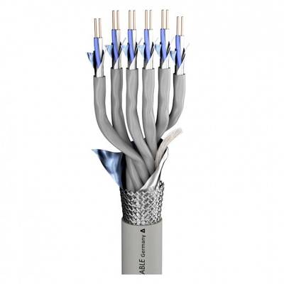 Wielożyłowy kabel z ekranem, widoczny są odsłonięte miedziane przewody, otoczone niebieską folią i plecioną osłoną metalową.