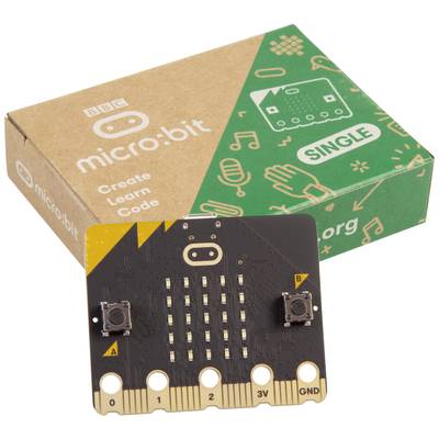 Płytka mikrokontrolerawyposażona w dwie przyciski i wskaźniki LED jest widoczna przed tekturowym opakowaniem z nadrukami 'BBC micro:bit' oraz 'Create Learn Code'.