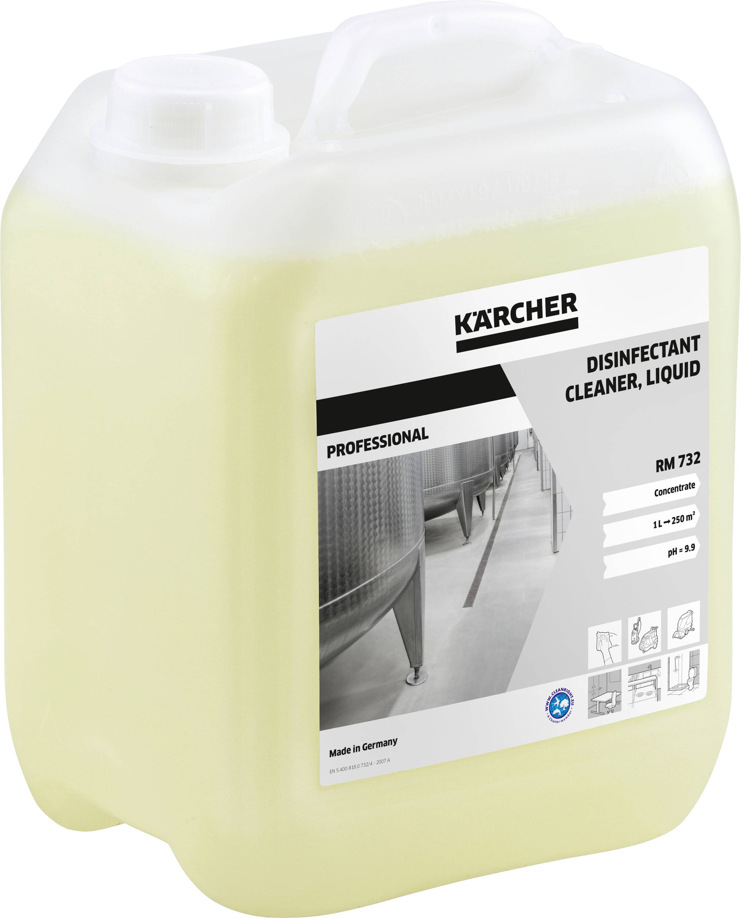 Kanister z preparatem 'Kärcher Professional Disinfectant Cleaner, Liquid RM 732'. Zawiera środek dezynfekujący. 11 kg, pH 8,5.