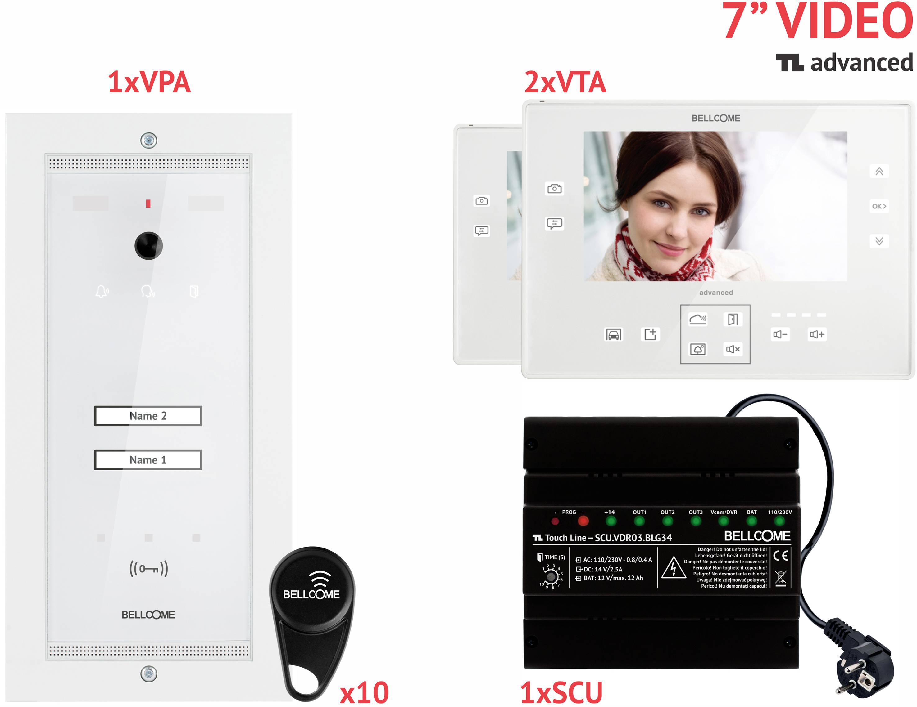 Rysunek przedstawia dwa urządzenia wideodomofonowe oraz jednostkę sterującą firmy Bellcome z wyświetlaczem, na którym widoczna jest kobieta.