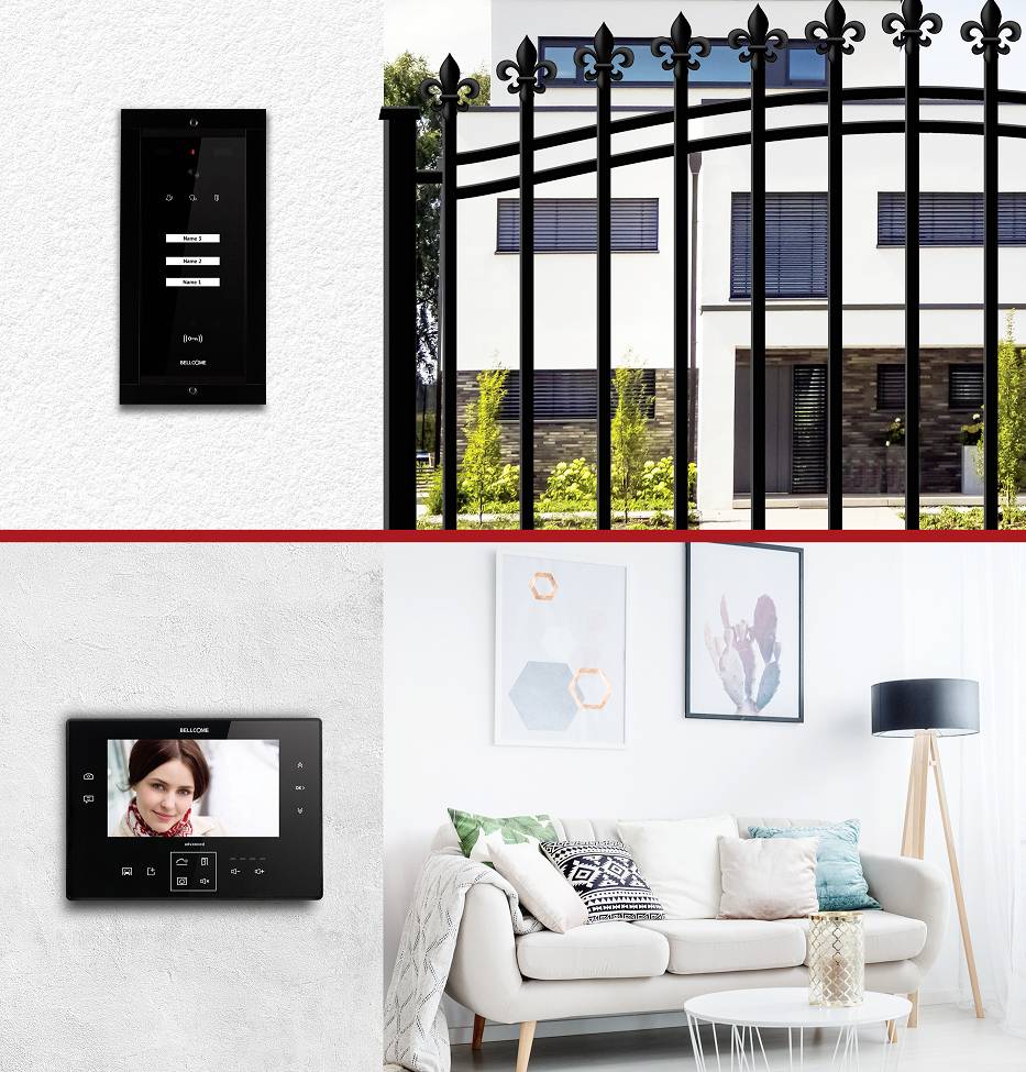 Systemy domofonowe do nadzoru bezpieczeństwa: Kamera zewnętrzna przy bramie, wewnętrzny ekran wyświetlający rozmowy, salon z elegancką sofą.
