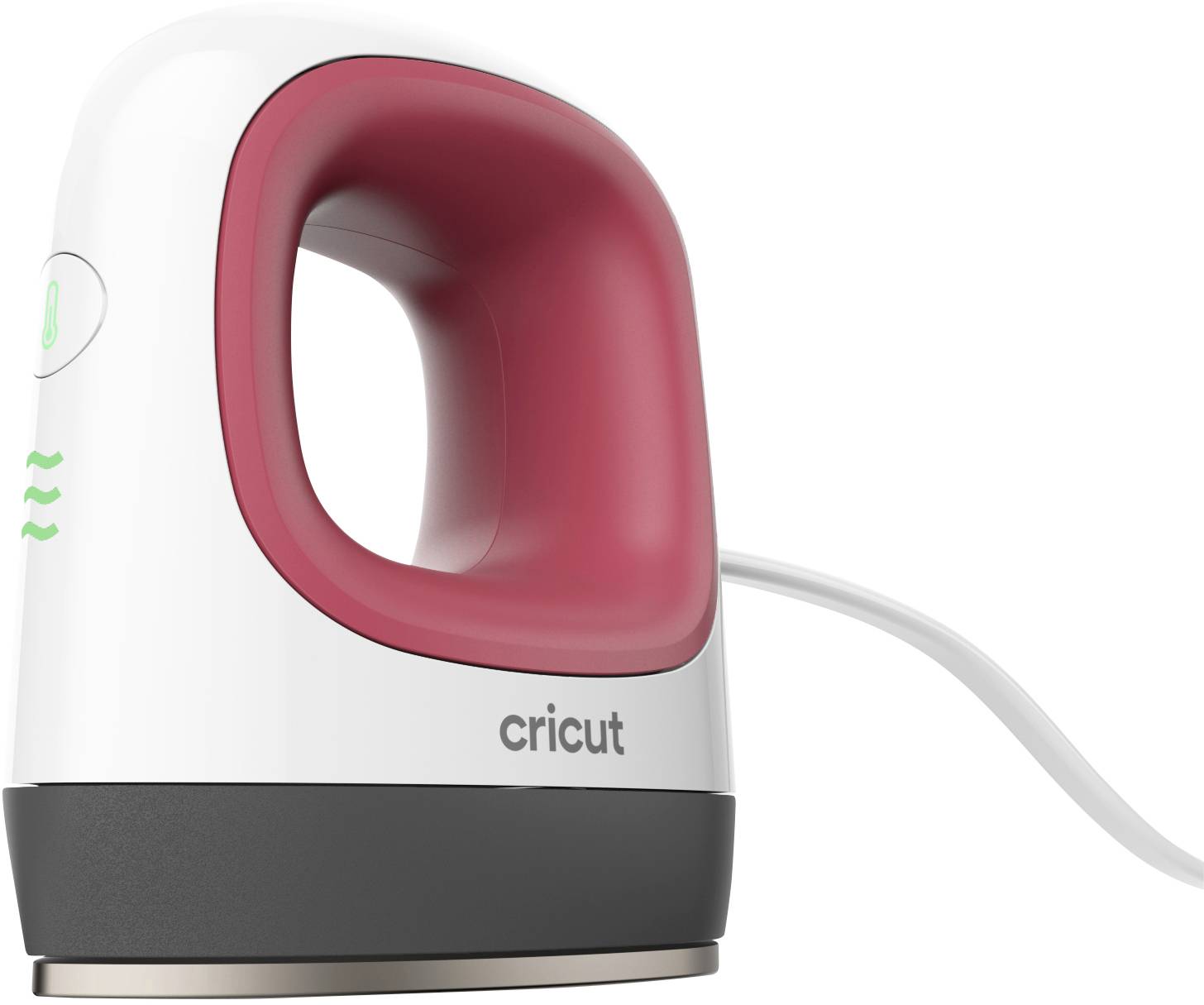 Przenośna płyta termiczna z czerwonym uchwytem i białym przewodem, marka 'Cricut', do prasowania projektów na tkaninach.