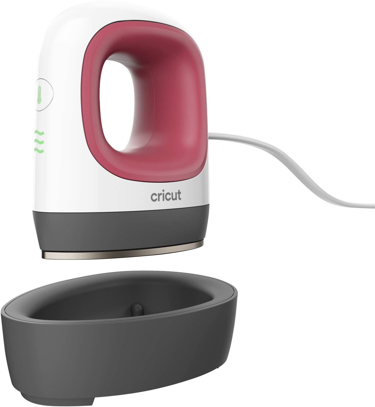 Mała przenośna żelazko z szarą stacją ładującą. Żelazko posiada czerwony uchwyt i białą obudowę.