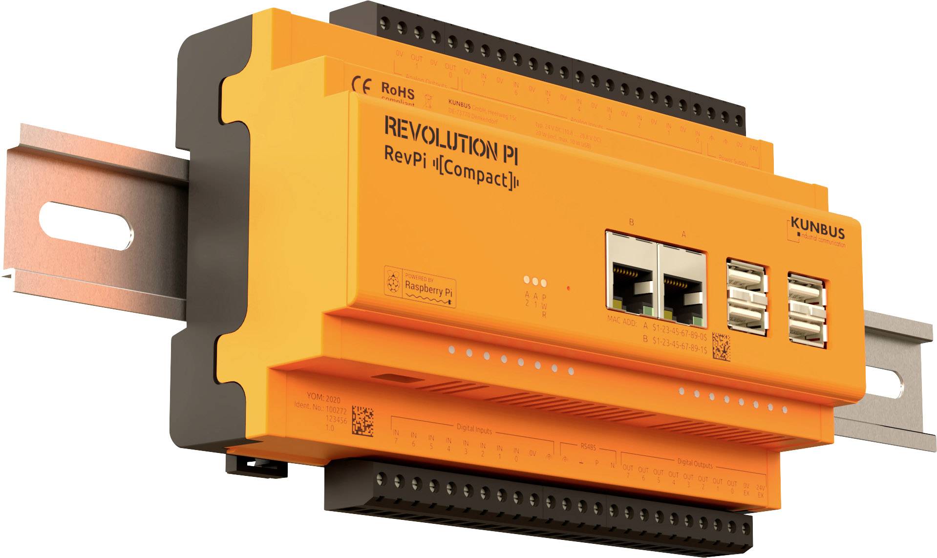 Przemysłowy komputer 'Revolution Pi Compact', w kolorze pomarańczowym, do montażu na szynie DIN, z wieloma portami USB i złączami Ethernet.