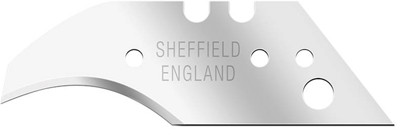 Srebrzyste metalowe ostrze z napisem 'Sheffield England' i kilkoma wyciętymi otworami.