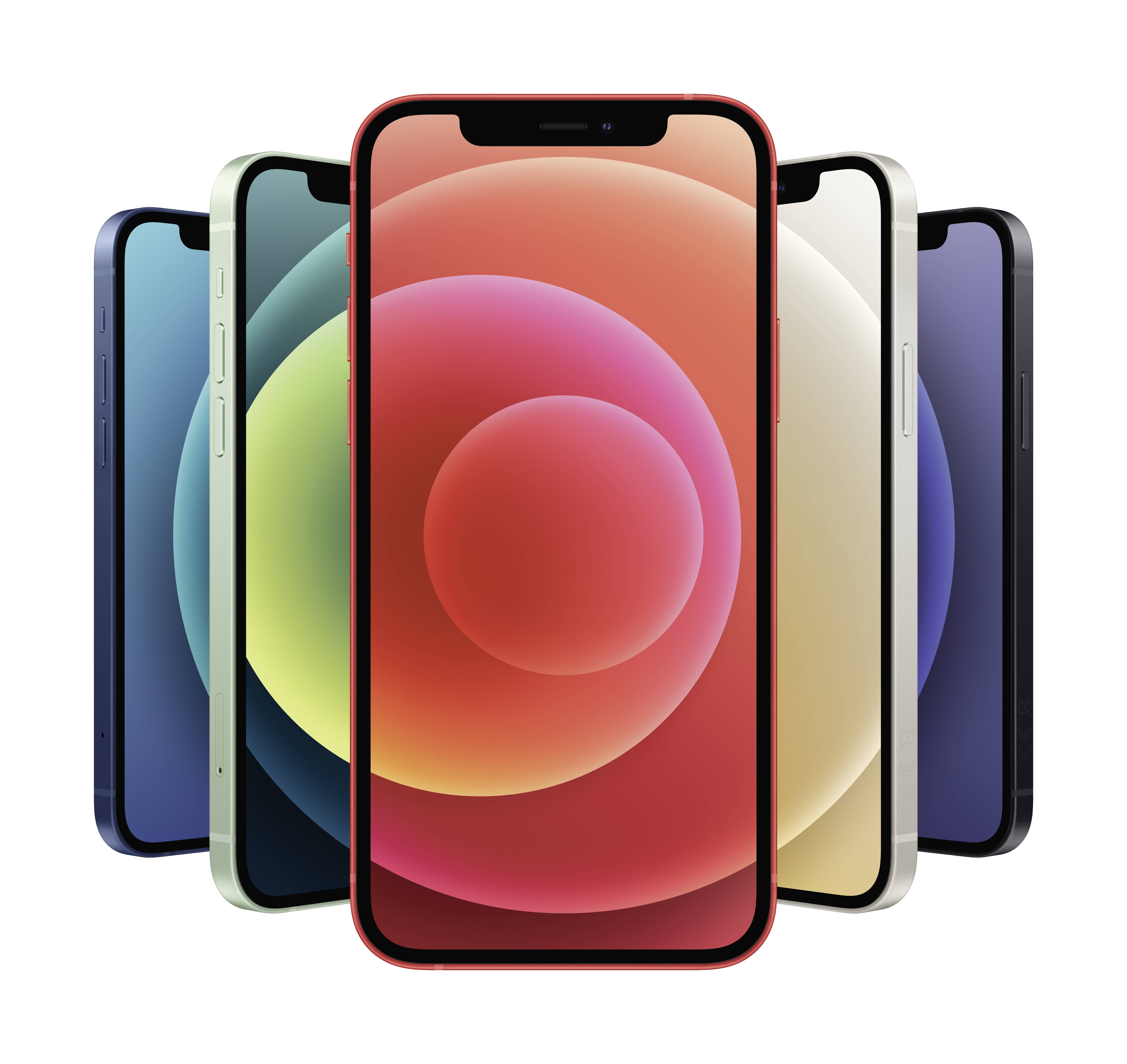 Pięć smartfonów w różnych kolorach, prezentujących się w półkolu. Widok główny przedstawia czerwony model z przodu.