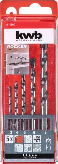 Zestaw wierteł metalowych 'Kwb Germany GmbH', 5 sztuk. Rozmiary 3, 4, 5, 6, 8 mm. Odpowiednie do metalu, stali, betonu. Opakowanie przedstawia zastosowanie.
