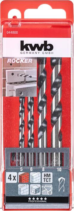 Zestaw wierteł w czerwonym etui z ilustracją: 4 wiertła do metalu, drewna i betonu. Rozmiary: 5, 6, 8, 10 mm. Marka: kwb Germany.