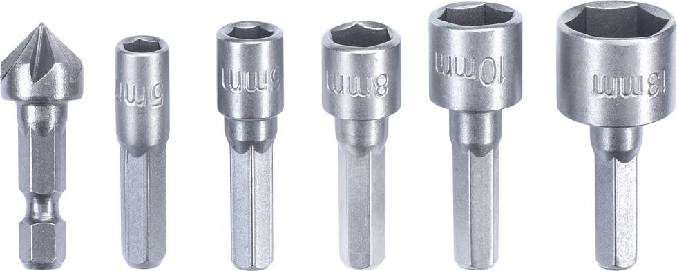 Zdjęcie sześciu różnych sześciokątnych grotów do wkrętaków w różnych rozmiarach, ułożonych od najmniejszego do największego.