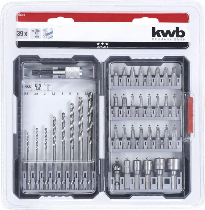Zestaw wierteł i bitów, 39-elementowy, w tym wiertła, bity i nasadki w plastikowej walizce, odpowiedni do różnych prac majsterkowiczów.