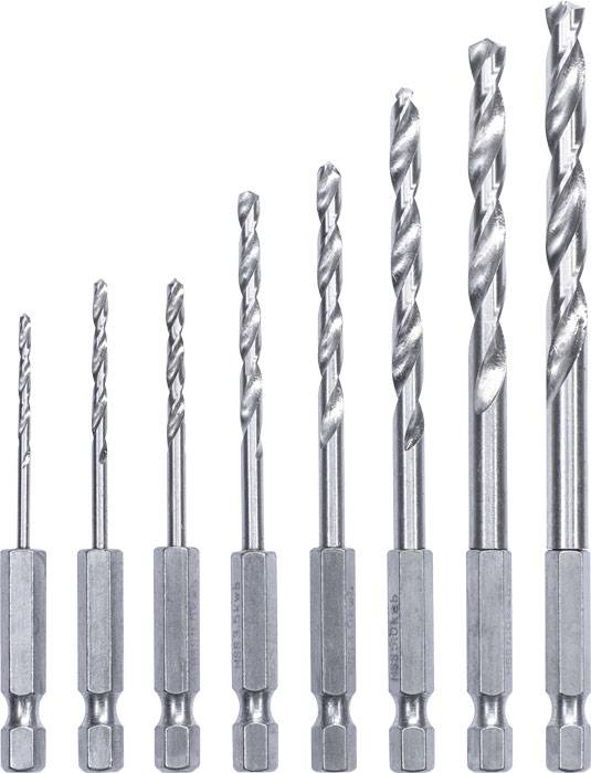 Różne rozmiary wierteł z mocowaniem sześciokątnym, ułożone w rzędzie od najmniejszego do największego.