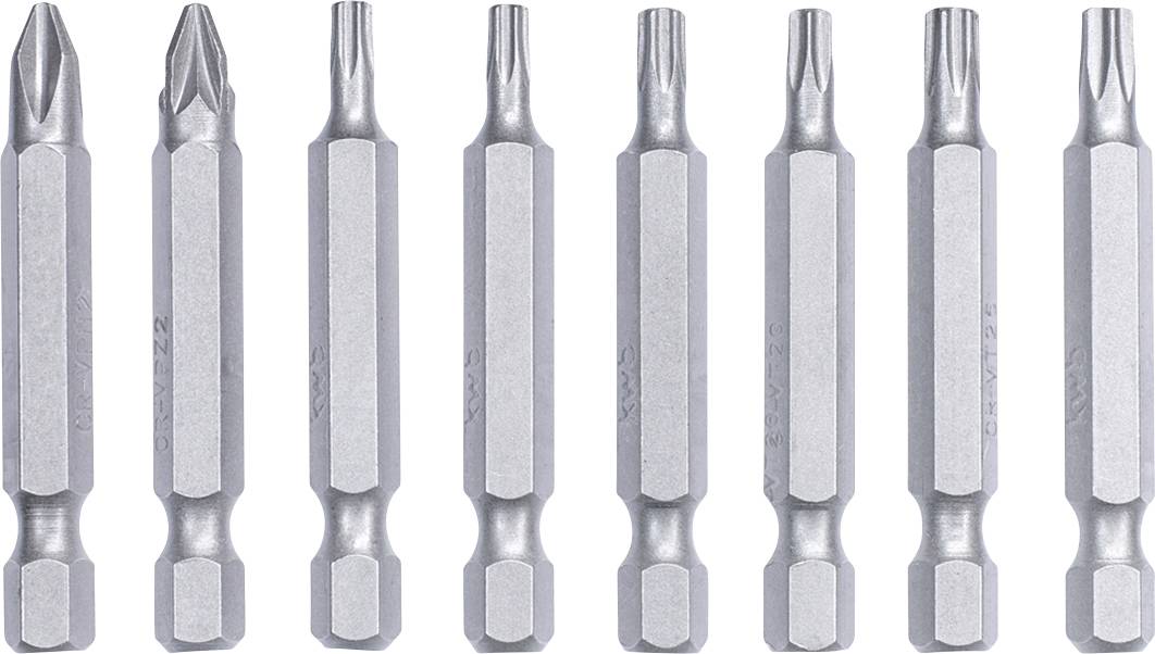 Osiem srebrnych grotów wkrętakowych ułożonych w rzędzie, każdy o innym kształcie i rozmiarze.