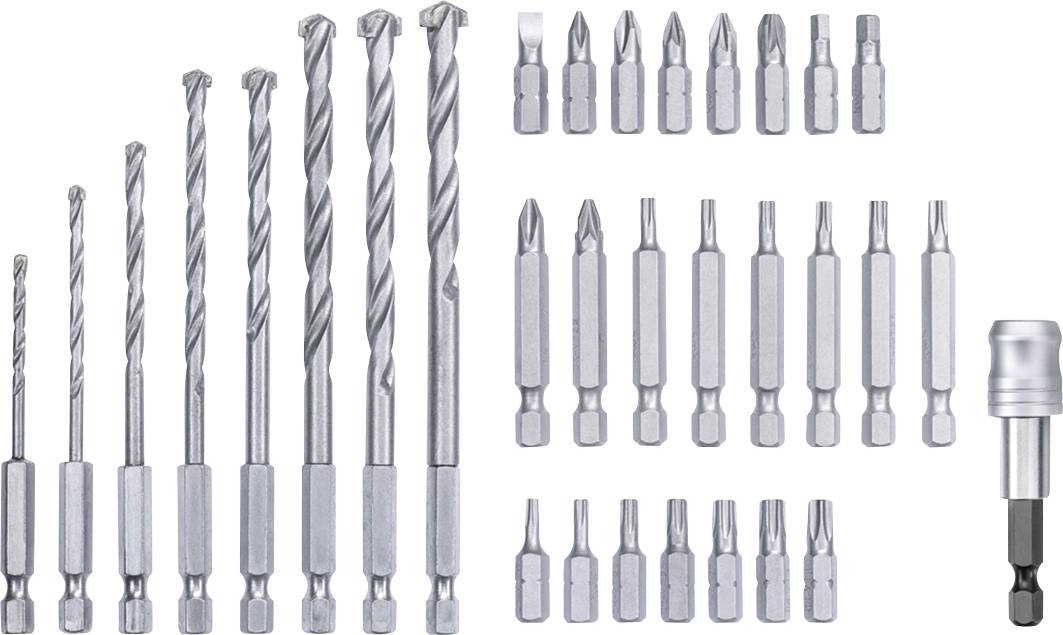 Różne wiertła i końcówki wkrętakowe w różnych rozmiarach i kształtach, ułożone według wielkości, do różnorodnych zastosowań.