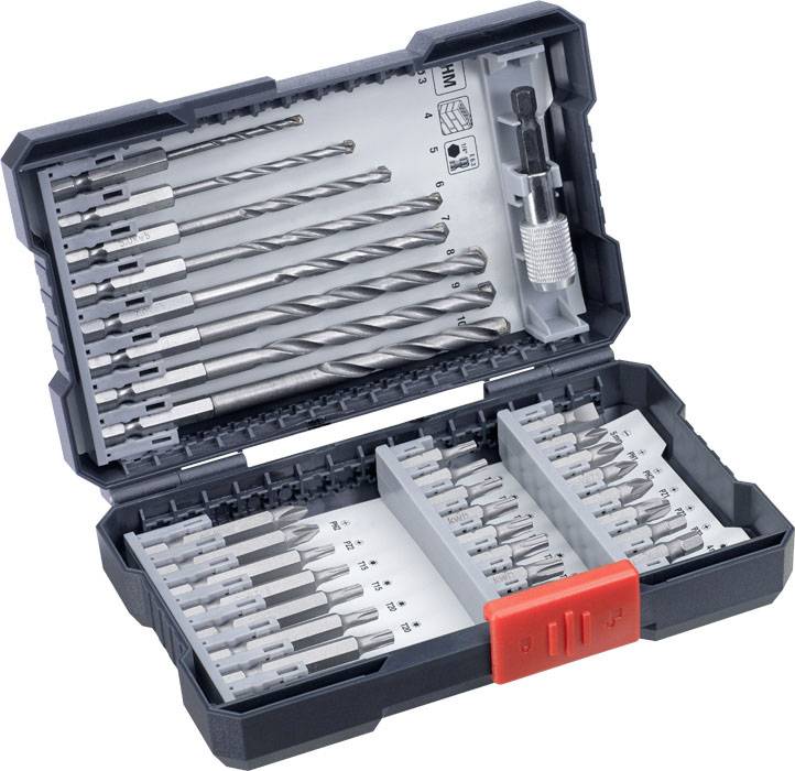 Zestaw wierteł i bitów w otwartej czarnej plastikowej walizce. Różne rozmiary i typy wierteł oraz bitów wkrętakowych są ułożone w sposób posortowany.
