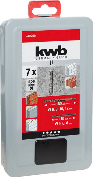 Zestaw wierteł marki 'kwb Germany GmbH', 7 sztuk, odpowiedni do betonu, cegły, włącznie z rozmiarami: 6, 8, 10, 12 mm, uchwyt SDS-Plus.