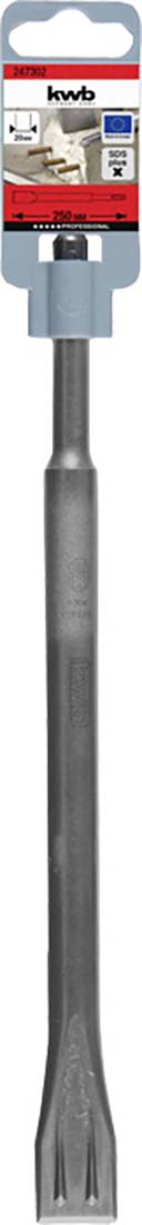 Wysokowydajny płaski dłutó SDS-Plus do betonu i kamienia. Czarne dłuto przedstawione na opakowaniu firmy kwb.