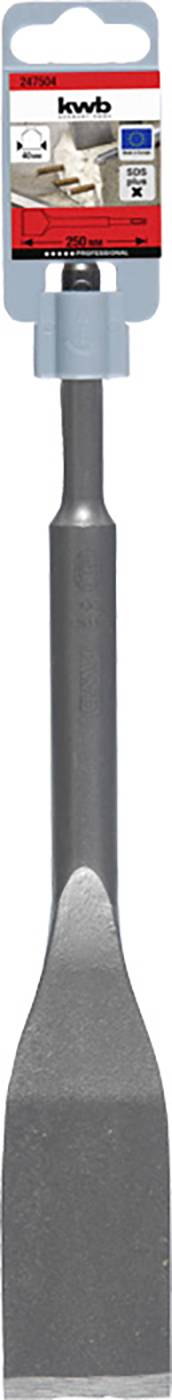 Szpachelka płaska z szarym metalowym wiertłem w opakowaniu z zawieszką, odpowiednia do prac budowlanych lub remontowych.