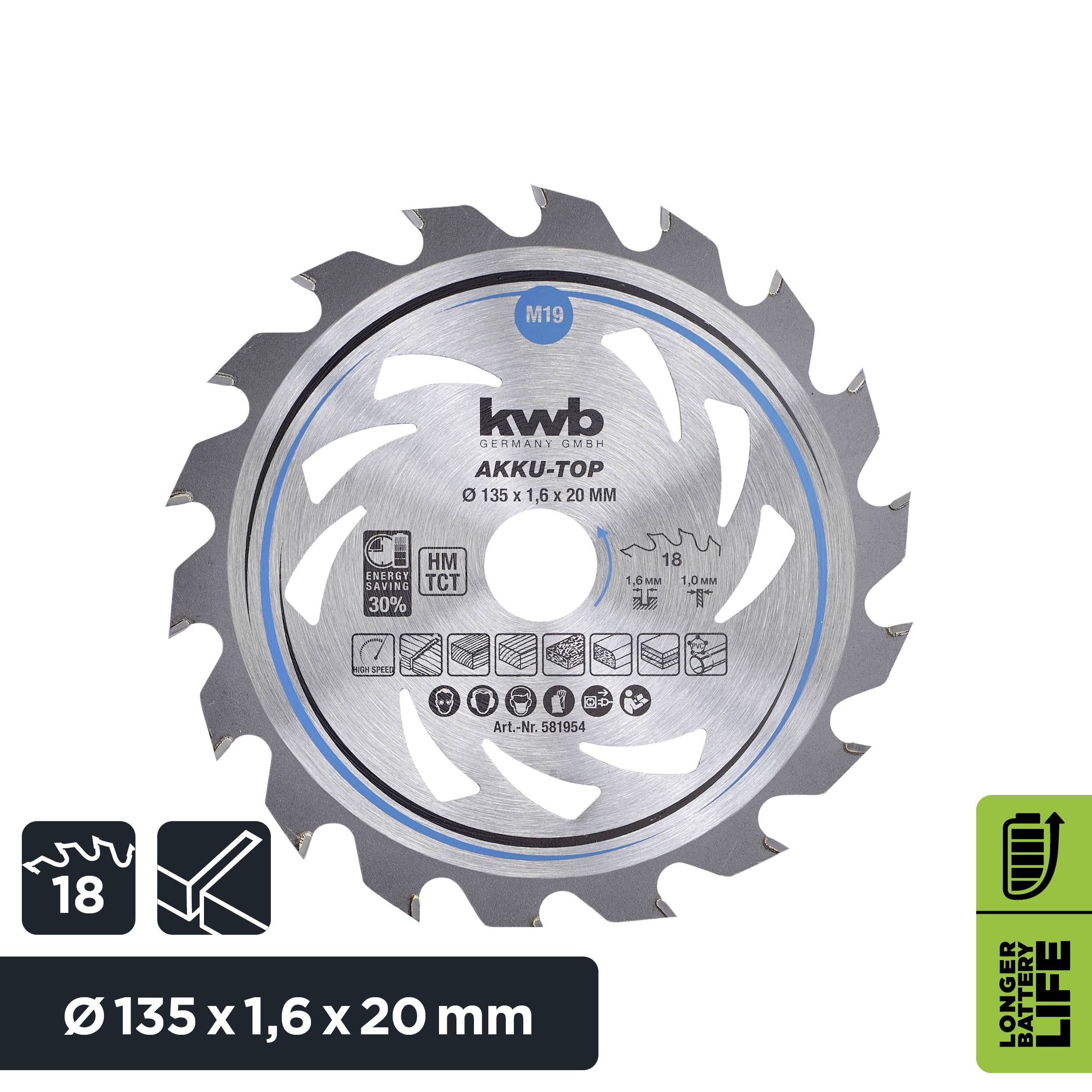 Tarcza piły tarczowej 'kwb AKKU-TOP' z 18 zębami, średnica 135 mm, grubość 1,6 mm. Do drewna, metalu; długa praca na akumulatorze.