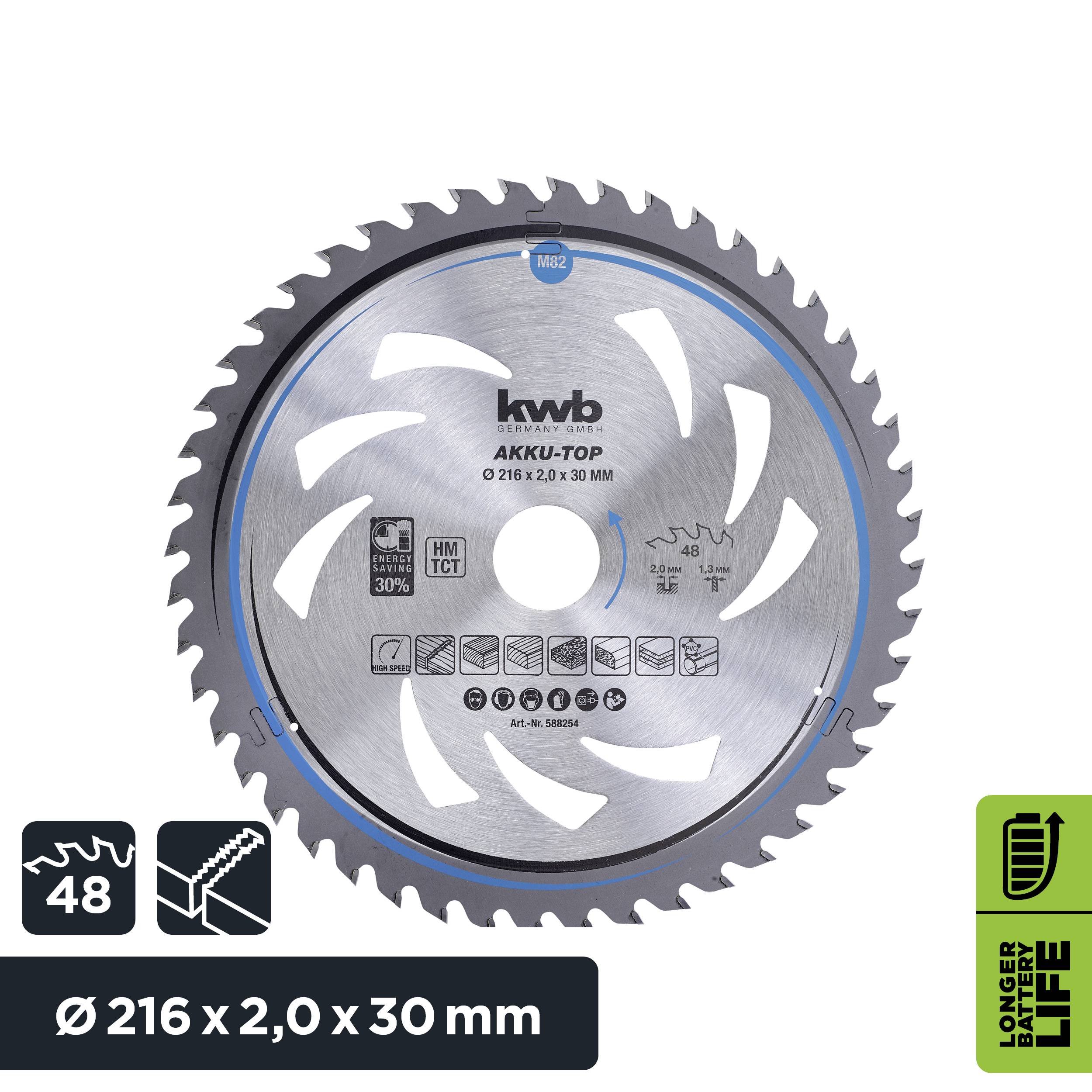 Tarcza piły tarczowej z 48 zębami do cięć wzdłużnych i poprzecznych w drewnie. Średnica: 216 mm, grubość: 2,0 mm, otwór: 30 mm.