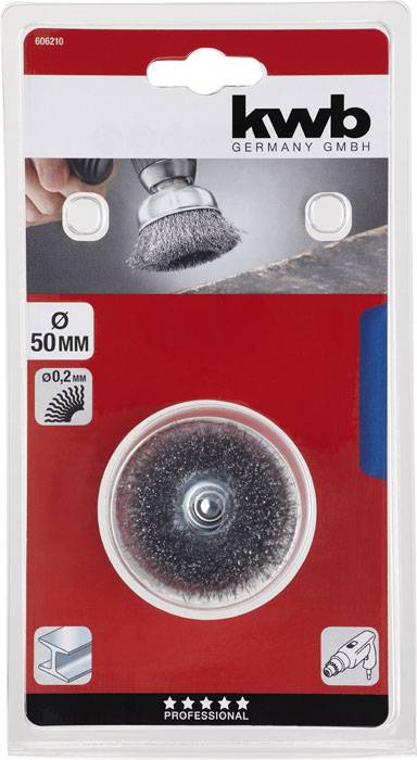 Opakowanie szczotki drucianej firmy kwb Germany GmbH. Średnica 50 mm, grubość drutu 0,2 mm. Odpowiednia do obróbki metalu przy użyciu wiertarek.