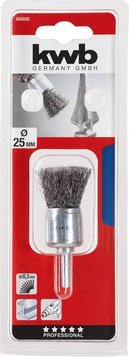 Druciana szczotka drążona do wiertarek, o średnicy 25 mm, w opakowaniu o czerwono-białym designie, odpowiednia do zastosowań profesjonalnych.