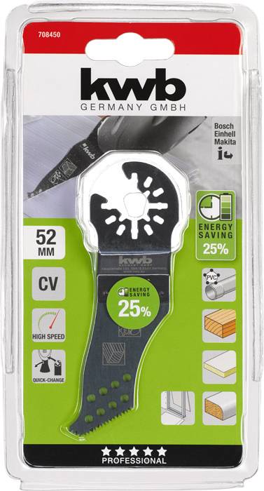 Opakowanie wielofunkcyjnego brzeszczotu kwb, 52mm CV. Odpowiedni do drewna/metalu. Oszczędność energii 25%. Kompatybilny z Bosch, Einhell, Makita.