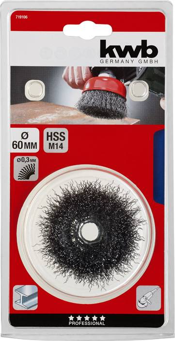 Druciana szczotka do wiertarki, średnica 60 mm, odpowiednia do czyszczenia powierzchni, przedstawiona w oryginalnym opakowaniu.