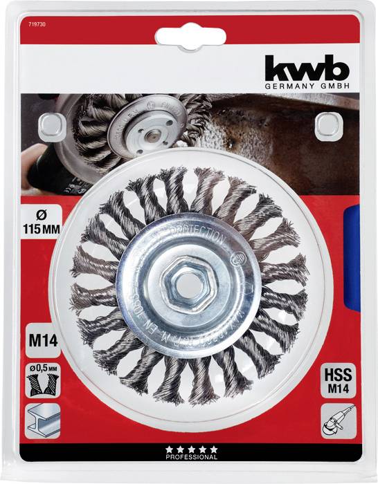Szczotka druciana w opakowaniu firmy 'kwb Germany GmbH', średnica 115 mm, typ M14, profesjonalna do prac szlifierskich, wykonana z materiału HSS.